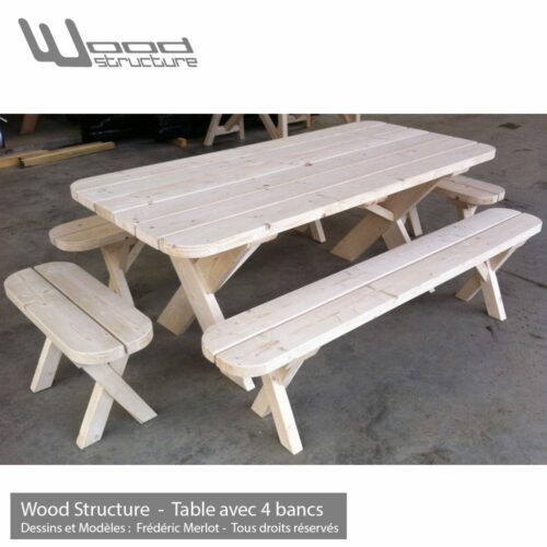 Table de pique-nique banc - table avec 4 bancs en sapin du nord - Fabriquée en France par la Sarl Merlot & Wood Structure - Fauteuil - Banc - Salon de Jardin