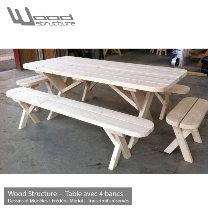 Table de pique-nique banc - table avec 4 bancs en sapin du nord - Fabriquée en France par la Sarl Merlot & Wood Structure - Fauteuil - Banc - Salon de Jardin