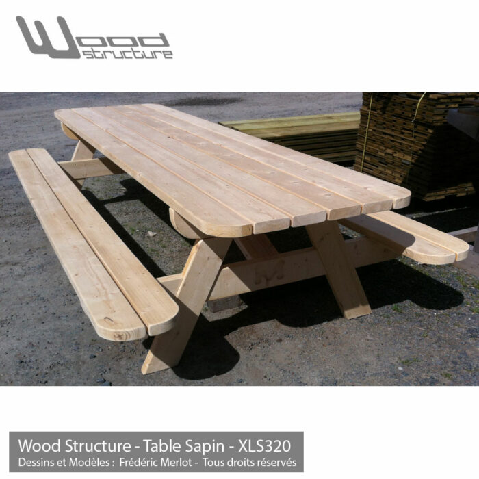 Table pique-nique sapin - Fabriquée en France par Wood Structure - Table XL 320 en Sapin du nord - Livrée en kit avec fourniture et plan de montage