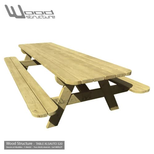 Table de pique-nique XL 320 cm traitée autoclave Classe 3 - Fabriquée en France par la Sarl Merlot & Wood Structure - Table picnic en Sapin du nord - Livrée en kit avec fourniture et plan de montage