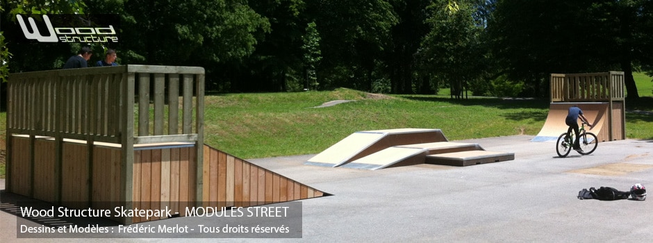 Skatepark de Panazol (87) | Module Skatepark Street sur-mesure pour trottinette freestyle, roller, skate et bmx| Skatepark installé par Wood Structure | Fabricant de Skatepark depuis 1998
