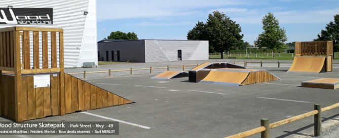 Quarter, Funbox et Modules Street fabriqués par la Sarl Merlot à Richelieu (37) et conçus par Wood Structure Skatepark , Fabricant de Skatepark depuis 1990