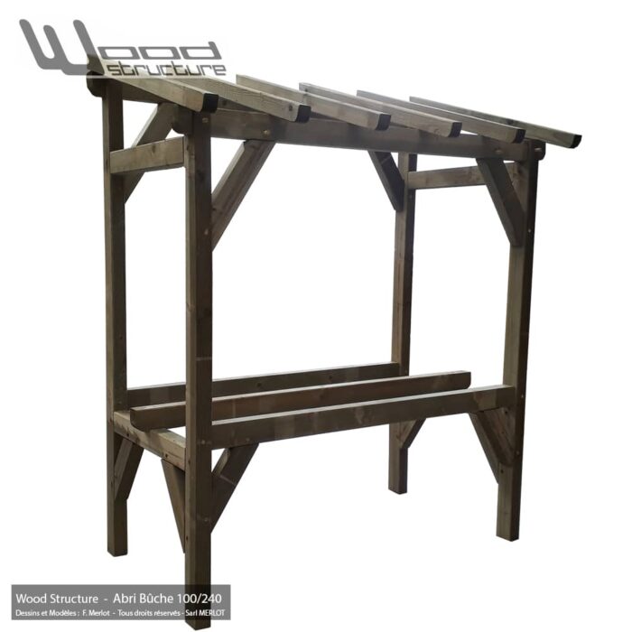 Abri Bûches - 2.40 x 1 m - Charpente bois livrée en kit - Wood Structure - Abri Bûche livré en kit avec fourniture et plan de montage - Fabriqué en France à Richelieu - Indre-et-Loire - Touraine - Région Centre Val de Loire