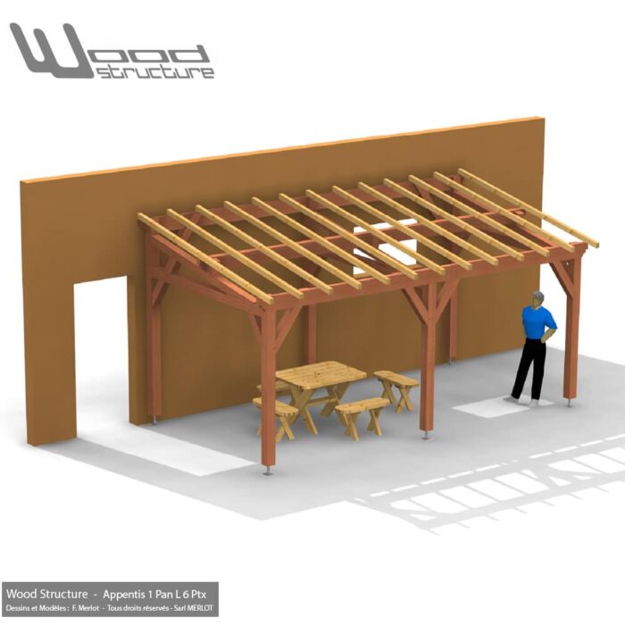 Appentis 1 Pan 6 Poteaux L - 6 x 3 m - Charpente bois livrée en kit - Appentis Garage Charpente Bois prêt à monter - Wood Structure - Abris livré en kit avec fourniture et plan de montage - Fabriqué en France à Richelieu - Indre-et-Loire - Touraine - Région Centre Val de Loire
