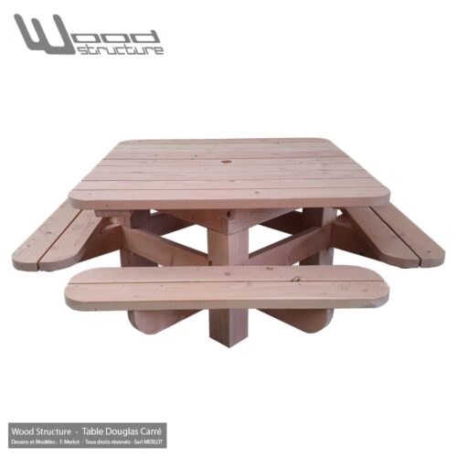 Table pique-nique Bois TCD200 Carré Douglas - Table Picnic en Sapin Douglas - Fabriquée en France par la Sarl Merlot & Wood Structure - Mobilier Bois - Fauteuil - Banc - Salon de Jardin