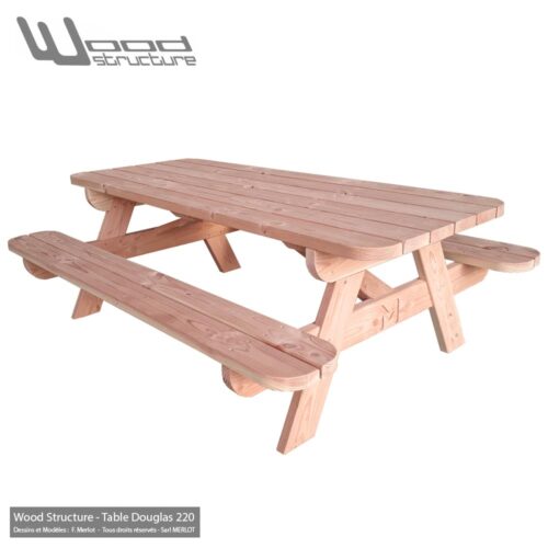 Table pique-nique Bois TLD220 - Table Picnic en Sapin Douglas - Fabriquée en France par la Sarl Merlot & Wood Structure - Fauteuil - Banc - Salon de Jardin