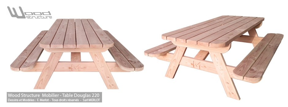 Table Pique-Nique Bois - Sapin Douglas 220 - Wood-Structure - Mobilier de jardin - Table de pique-nique - Caillebotis - Sapin du Nord - Douglas et Autoclave - Fabriqué en France à Richelieu (37)
