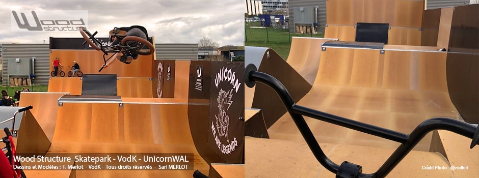 Design, fabrication et installation d'un skatepark privé sur-mesure à Angers (49) - Pour VodK & UnicornWAL - Rampe Skate fabriquée Par Wood Structure et la Sarl MERLOT Richelieu (37) - Concepteur et fabricant de Skatepark depuis 1990