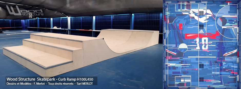 Curb Rampe Skate H100L450 - Playground Adidas ZZ10 à Saint -Denis (93) - Wood Structure - Fabricant de Skatepark
