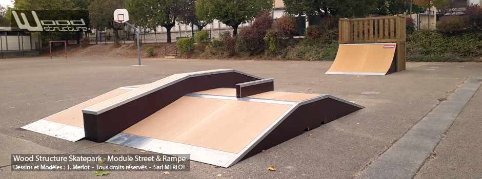 Skatepark de Fontaines-les-Dijon (21)- Côte-d'Or - Bourgogne-Franche-Comté - Modules Street Funbox et Rampe Skate - Fabriqué par Wood Structure et la Sarl MERLOT Richelieu (37) - Concepteur et fabricant de Skatepark depuis 1990
