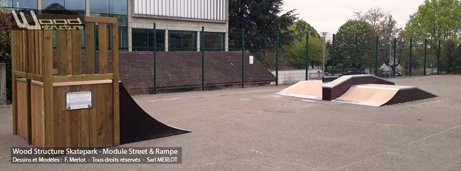 Skatepark de Fontaines-les-Dijon (21)- Côte-d'Or - Bourgogne-Franche-Comté - Modules Street Funbox et Rampe Skate - Fabriqué par Wood Structure et la Sarl MERLOT Richelieu (37) - Concepteur et fabricant de Skatepark depuis 1990