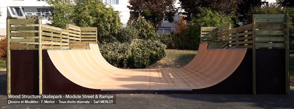 Rampe Skatepark de Kremlin-Bicêtre - Val-de-Marne (94) Ile-de-France - Rampe Skate fabriquée par Wood Structure et la Sarl MERLOT Richelieu (37) - Concepteur et fabricant de Skatepark depuis 1990