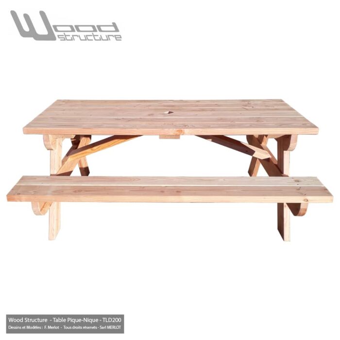 Table pique-nique Bois TLD200 - Table Picnic en Sapin Douglas - Fabriquée en France par la Sarl Merlot & Wood Structure - Fauteuil - Banc - Salon de Jardin