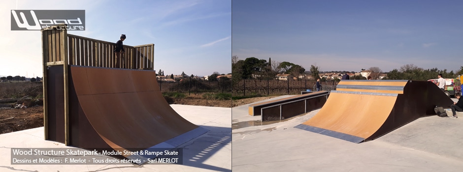 Skatepark de Pignan (34) Hérault - Région Occitanie - Modules Street Funbox Step up - Rails - Curb et Quarter Rampe Skate - Fabriqué par Wood Structure et la Sarl MERLOT Richelieu (37) - Concepteur et fabricant de Skatepark depuis 1990