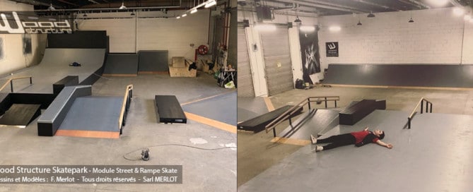 Skatepark Indoor du Dr Nozman - Biome Warehouse - Modules Street - Pyramide - Rails - Curb et Quarter Rampe Skate - Fabriqué par Wood Structure et la Sarl MERLOT Richelieu (37) - Concepteur et fabricant de Skatepark depuis 1990