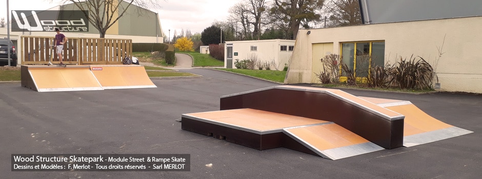 Skatepark de Melesse (35)- Bretagne - Ille-et-Vilaine - Modules Street Funbox et Rampe Skate - Fabriqué par Wood Structure et la Sarl MERLOT Richelieu (37) - Concepteur et fabricant de Skatepark depuis 1990