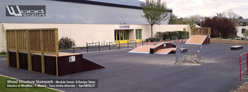 Skatepark de Melesse (35)- Bretagne - Ille-et-Vilaine - Modules Street Funbox et Rampe Skate - Fabriqué par Wood Structure et la Sarl MERLOT Richelieu (37) - Concepteur et fabricant de Skatepark depuis 1990