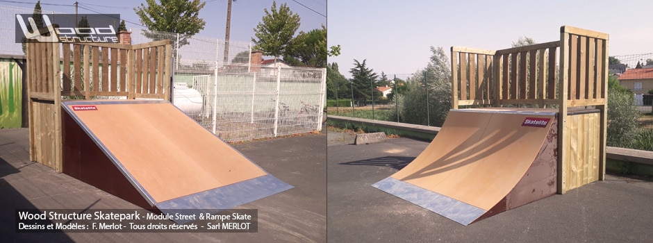 Skatepark de Moncoutant (79) - Deux-Sèvres - Nouvelle-Aquitaine - Rampe Skate et Modules Street Funbox - Fabriqué par Wood Structure et la Sarl MERLOT Richelieu (37) - Concepteur et fabricant de Skatepark depuis 1990