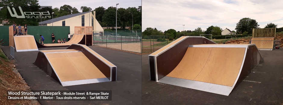 Skatepark de Rully (71) - Saône-et-Loire, Bourgogne-Franche-Comté - Rampe Skate et Modules Street Funbox - Fabriqué par Wood Structure et la Sarl MERLOT Richelieu (37) - Concepteur et fabricant de Skatepark depuis 1990