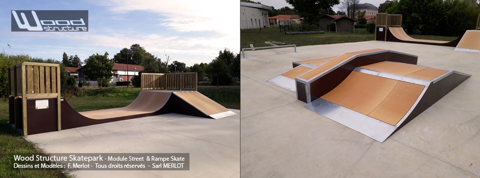 Skatepark de Lit-et-Mixe (40) - Landes - Nouvelle-Aquitaine - Rampe et Modules Street Funbox Skate - Fabriqué par Wood Structure et la Sarl MERLOT Richelieu (37) - Concepteur et fabricant de Skatepark depuis 1990