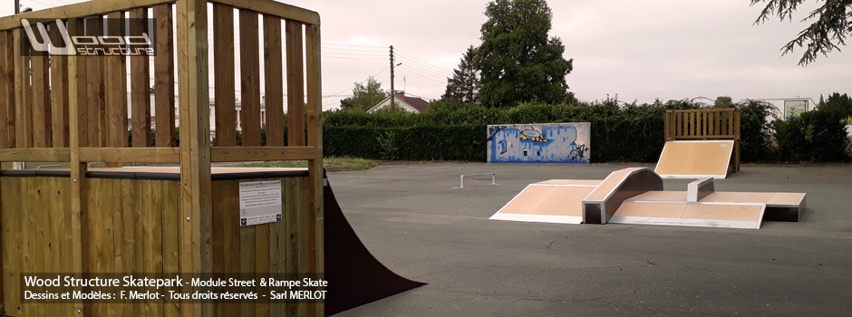 Skatepark de Luçon (85) - Vendée - Pays-de-la-Loire - Module et Rampe Skate - Fabriqué par Wood Structure et la Sarl MERLOT Richelieu (37) - Concepteur et fabricant de Skatepark depuis 1990