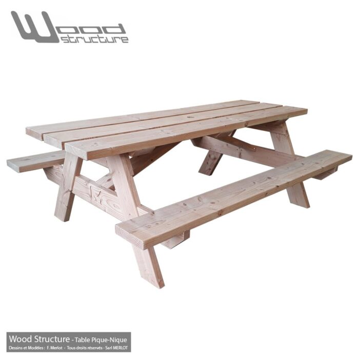 Table pique-nique Bois TL3D220 - Table Picnic en Sapin Douglas - Fabriquée en France par la Sarl Merlot & Wood Structure - Fauteuil - Banc - Salon de Jardin
