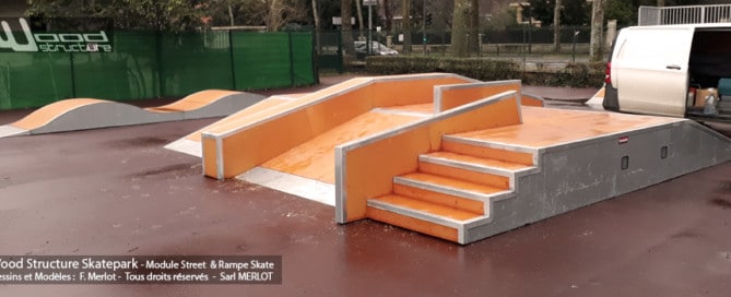 Skatepark de Rueil-Malmaison (92) - Hauts-de-Seine - Île-de-France. - Module Skate Street - Table Funbox - Curb - Rail - Quarter Courbe et Plan incliné - Pumptrack- Fabriqué par Wood Structure et la Sarl MERLOT Richelieu (37) - Concepteur et fabricant de Skatepark depuis 1990