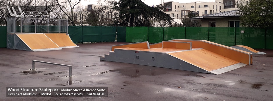 Skatepark de Rueil-Malmaison (92) - Hauts-de-Seine - Île-de-France. - Module Skate Street - Table Funbox - Curb - Rail - Quarter Courbe et Plan incliné - Pumptrack- Fabriqué par Wood Structure et la Sarl MERLOT Richelieu (37) - Concepteur et fabricant de Skatepark depuis 1990