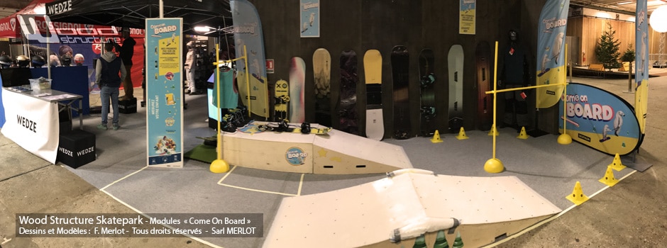 Modules d'initiation au Snowboard réalisés pour Decathlon - Comme on Board - Modules fabriqués par Wood Structure et la Sarl MERLOT Richelieu (37) - Concepteur et fabricant de Skatepark depuis 1990