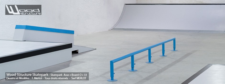 Skatepark Indoor de l'association Board-O (33) | Modules Street Rails et Rampe fabriqués par Wood Structure et Sarl MERLOT Richelieu (37) - Concepteur et fabricant de Skatepark depuis 1990