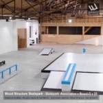 Skatepark Indoor de l'association Board-O (33) | Modules Street Rails et Rampe fabriqués par Wood Structure et Sarl MERLOT Richelieu (37) - Concepteur et fabricant de Skatepark depuis 1990
