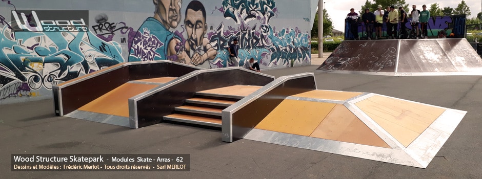 Skatepark de Arras (62) Pas-de-Calais - Hauts-de-France - Module et Rampe Skate - Fabriqué par Wood Structure et la Sarl MERLOT Richelieu (37) - Concepteur et fabricant de Skatepark depuis 1990