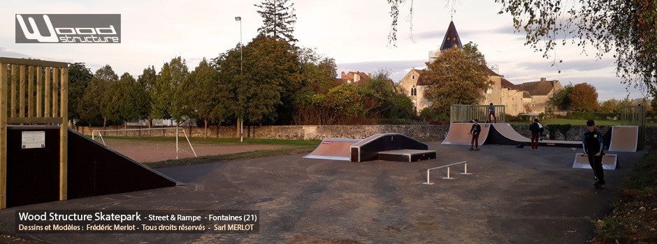 Skatepark de Fontaines (71) Saône-et-Loire - Région Bourgogne-Franche-Comté - Module et Rampe Skate - Fabriqué par Wood Structure et la Sarl MERLOT Richelieu (37) - Concepteur et fabricant de Skatepark depuis 1990