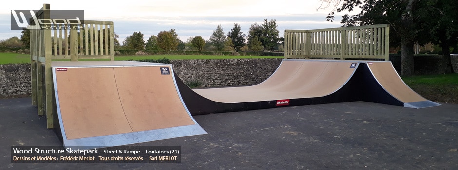 Skatepark de Fontaines (71) Saône-et-Loire - Région Bourgogne-Franche-Comté - Module et Rampe Skate - Fabriqué par Wood Structure et la Sarl MERLOT Richelieu (37) - Concepteur et fabricant de Skatepark depuis 1990