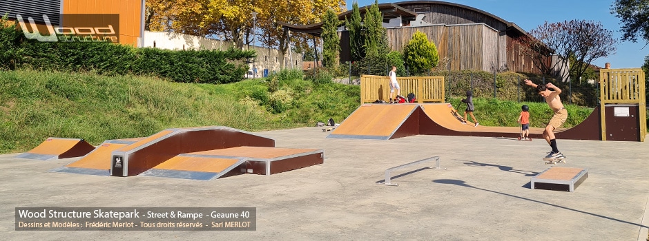 Skatepark de Geaune (40) - Sud-Ouest - Les Landes - Région Nouvelle-Aquitaine - Module et Rampe Skate - Fabriqué par Wood Structure et la Sarl MERLOT Richelieu (37) - Concepteur et fabricant de Skatepark depuis 1990