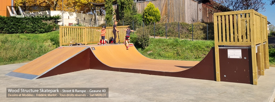 Skatepark de Geaune (40) - Sud-Ouest - Les Landes - Région Nouvelle-Aquitaine - Module et Rampe Skate - Fabriqué par Wood Structure et la Sarl MERLOT Richelieu (37) - Concepteur et fabricant de Skatepark depuis 1990