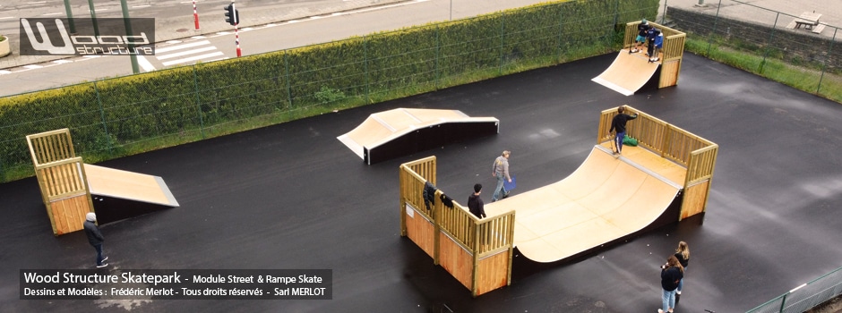 Skatepark de Arlon - Wallonie (BE) - Province belge de Luxembourg - Module et Rampe Skate - Fabriqué par Wood Structure et la Sarl MERLOT Richelieu (37) - Concepteur et fabricant de Skatepark depuis 1990