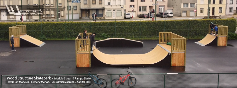 Skatepark de Arlon - Wallonie (BE) - Province belge de Luxembourg - Module et Rampe Skate - Fabriqué par Wood Structure et la Sarl MERLOT Richelieu (37) - Concepteur et fabricant de Skatepark depuis 1990