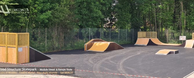 Skatepark de Montignac-Lascaux - Dordogne (24) - Région Nouvelle-Aquitaine - Module et Rampe Skate - Fabriqué par Wood Structure et la Sarl MERLOT Richelieu (37) - Concepteur et fabricant de Skatepark depuis 1990