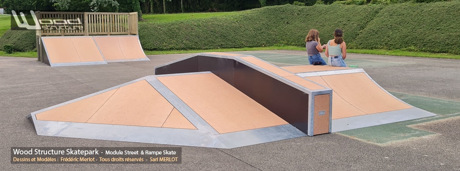 Skatepark du lac de Caniel (76) - Côte d'Albâtre - Seine-Maritime-Normandie - Modules de Skatepark - Fabriqué par Wood Structure et la Sarl MERLOT Richelieu (37) - Concepteur et fabricant de Skatepark depuis 1990
