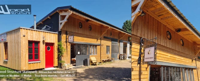 Bâtiment Bois conçus par Wood Structure et réalisé par la Sarl MERLOT - LES ATELIERS DU LAC - Taille de Pierre & Atelier d'Arts - 37120 Champigny-sur-Veude