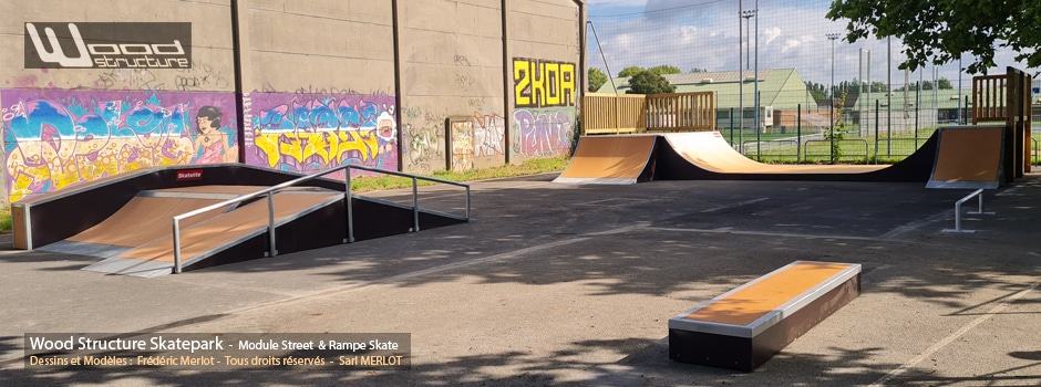 Skatepark de Lesquin (59) - Nord - Hauts-de-France - Modules de Skatepark - Fabriqué par Wood Structure et la Sarl MERLOT Richelieu (37) - Concepteur et fabricant de Skatepark depuis 1990
