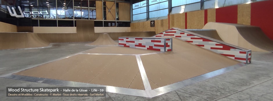 Skatepark Indoor de la Halle de La Glisse - Lille 59 - Design Constructo - Réalisation Wood Structure - Fabrication Sarl Merlot Richelieu (37) Concepteur et fabricant de Skatepark depuis 1990