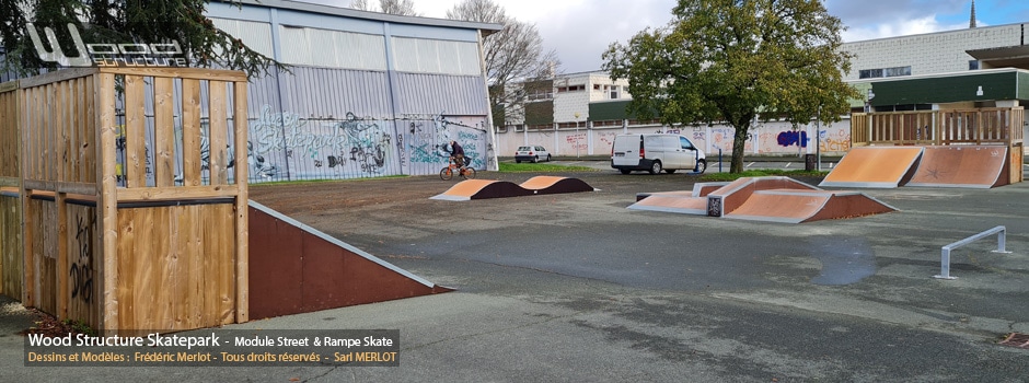 Skatepark de Luçon (85) - Vendée - Pays-de-la-Loire - Module et Rampe Skate - Fabriqué par Wood Structure et la Sarl MERLOT Richelieu (37) - Concepteur et fabricant de Skatepark depuis 1990