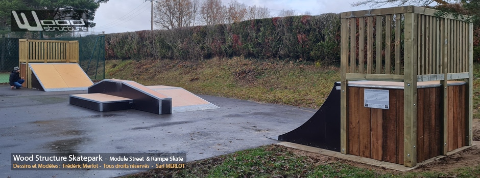 Skatepark de Droue-sur-Drouette - Eure-et-Loir (28) Région Centre-Val de Loire - Module et Rampe Skate - Fabriqué par Wood Structure et la Sarl MERLOT Richelieu (37) - Concepteur et fabricant de Skatepark depuis 1990