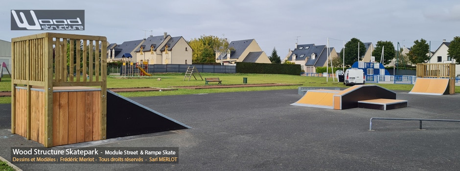 Skatepark de Rivery - Somme (80) Région Hauts-de-France - Module et Rampe Skate - Fabriqué par Wood Structure et la Sarl MERLOT Richelieu (37) - Concepteur et fabricant de Skatepark depuis 1990