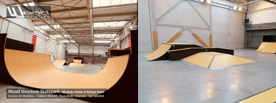 Skatepark Indoor de Tourcoing - Nord (59) Région Hauts-de-France - Module et Rampe Skate - Fabriqué par Wood Structure et la Sarl MERLOT Richelieu (37) - Concepteur et fabricant de Skatepark depuis 1990