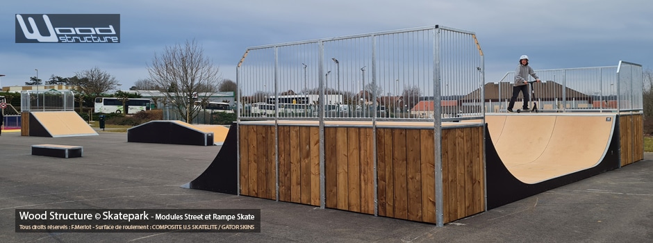 Wood Structure - Concepteur et fabricant de Skatepark depuis 1990 - Module Street - Rampe et Bowl - Fabriqué par la Sarl MERLOT Richelieu (37)