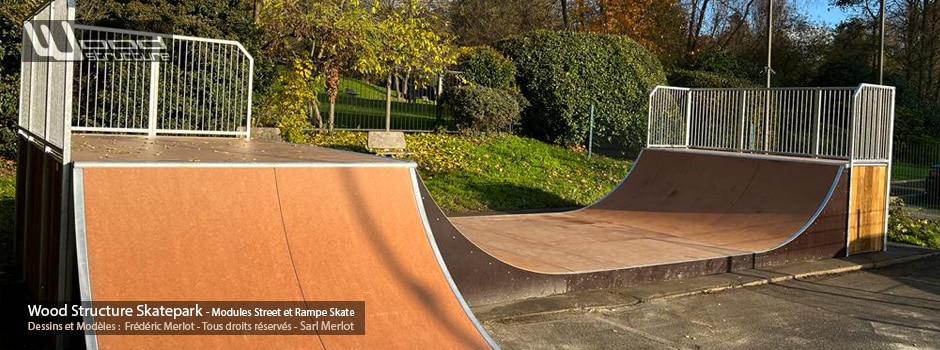 Skatepark de Rosny-sous-bois - Seine-Saint-Denis (93)- Est de Paris - Région Île-de-France - Module et Rampe de Skatepark - Fabriqué par Wood Structure et la Sarl MERLOT Richelieu (37) - Concepteur et fabricant de Skatepark depuis 1990