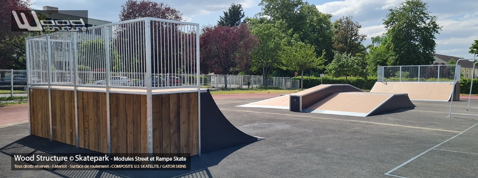 Skatepark de Bourgueil - Indre-et-Loire (37) - région Centre-Val-de-Loire - Module et Rampe de Skatepark - Fabriqué par Wood Structure et la Sarl MERLOT Richelieu (37) - Concepteur et fabricant de Skatepark depuis 1990